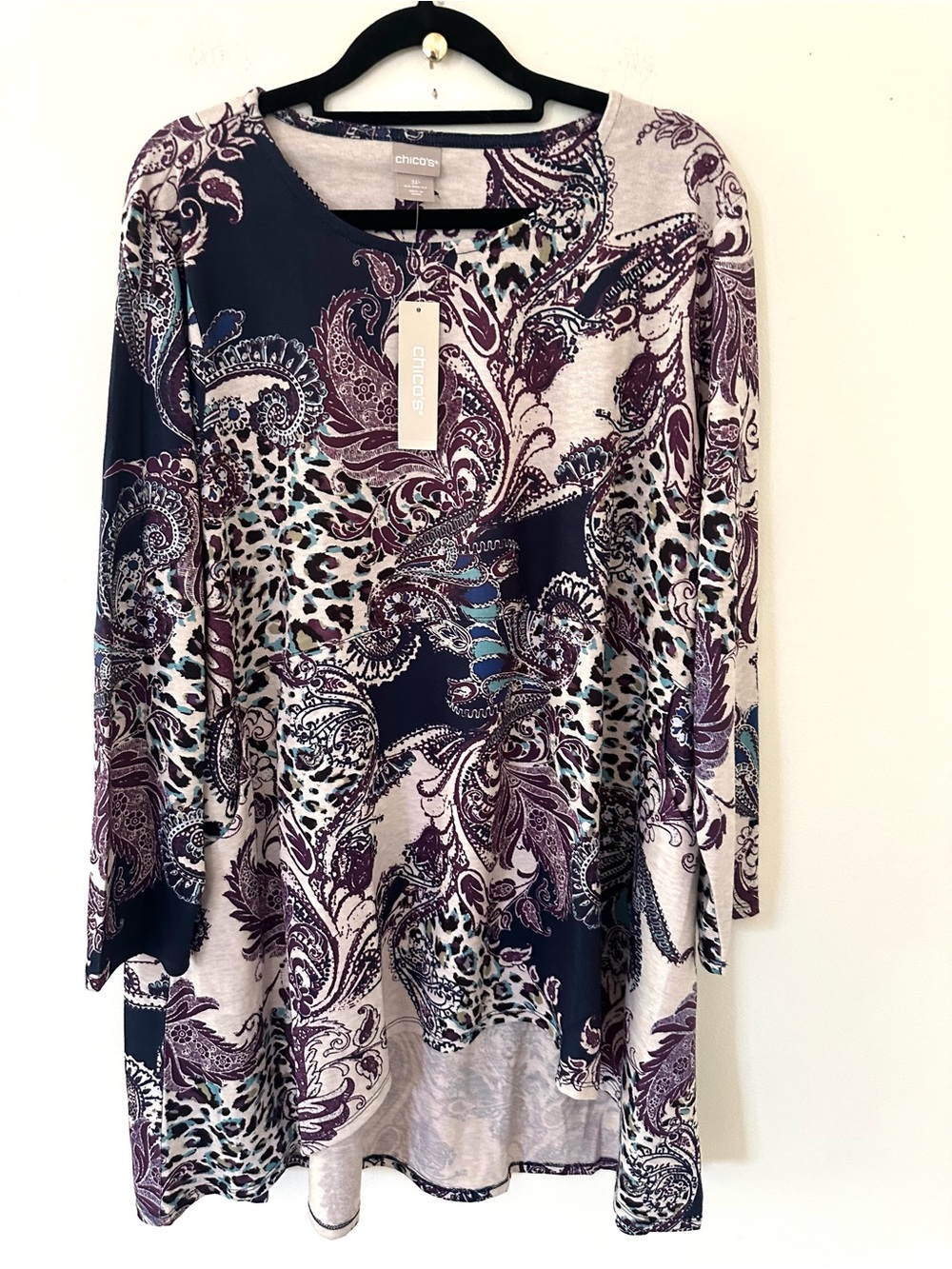 Chico's Paisley & Leopard Mix Tunic in Purple, Black, Cream